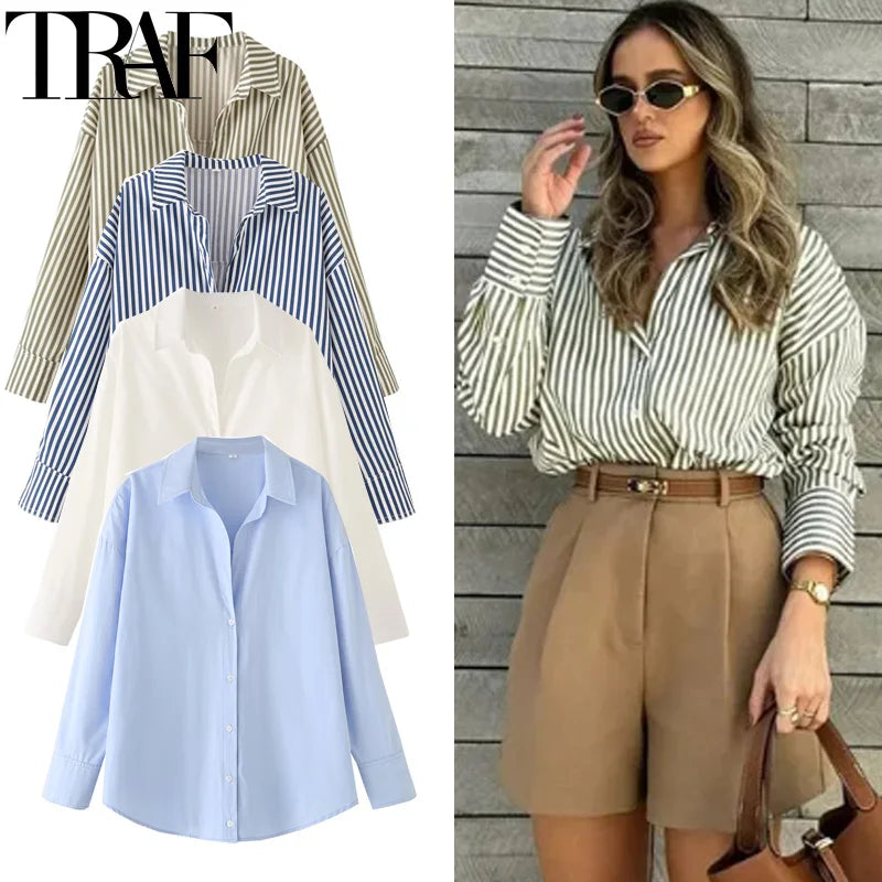 Striped blue & white shirt, long sleeves, casual style.