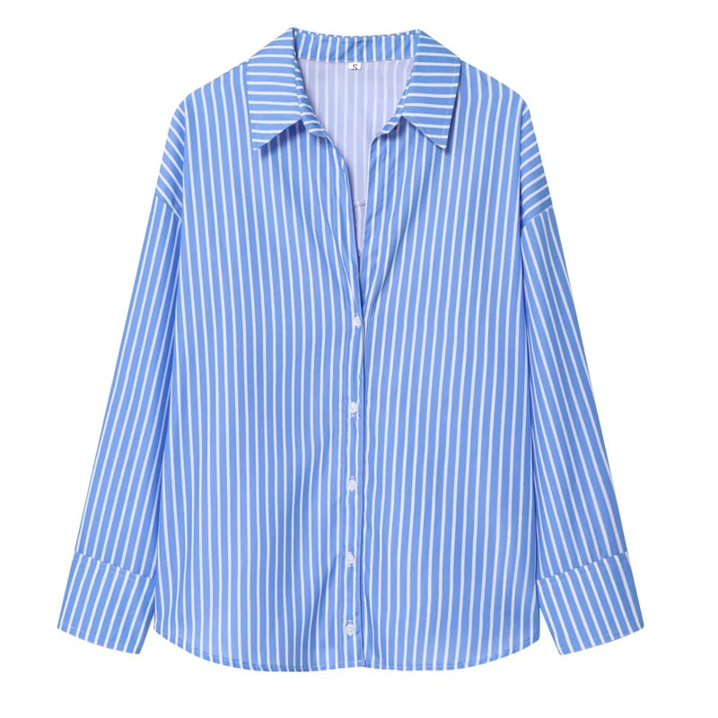 TRAF 2025 oversized blue shirt for women. Long sleeves, button-up, Korean casual style — perfect for spring.
