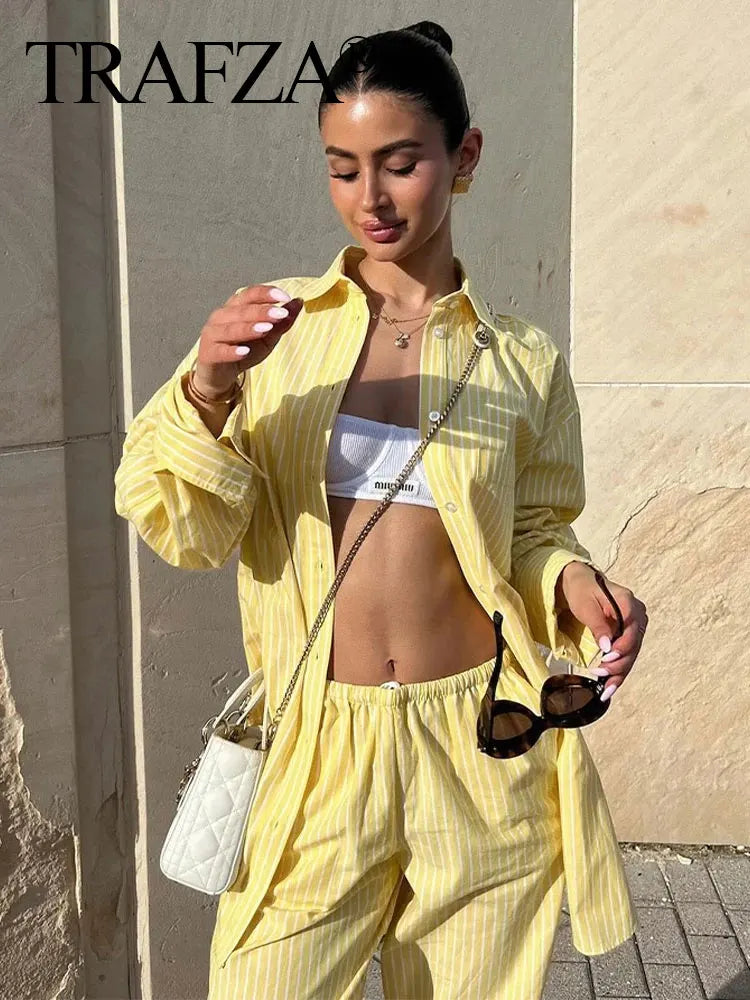 Women's Yellow Striped Shirt and Pants Set