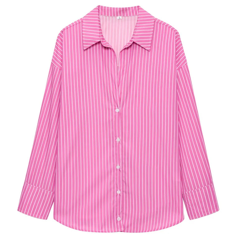 Striped blue & white shirt, long sleeves, casual style.