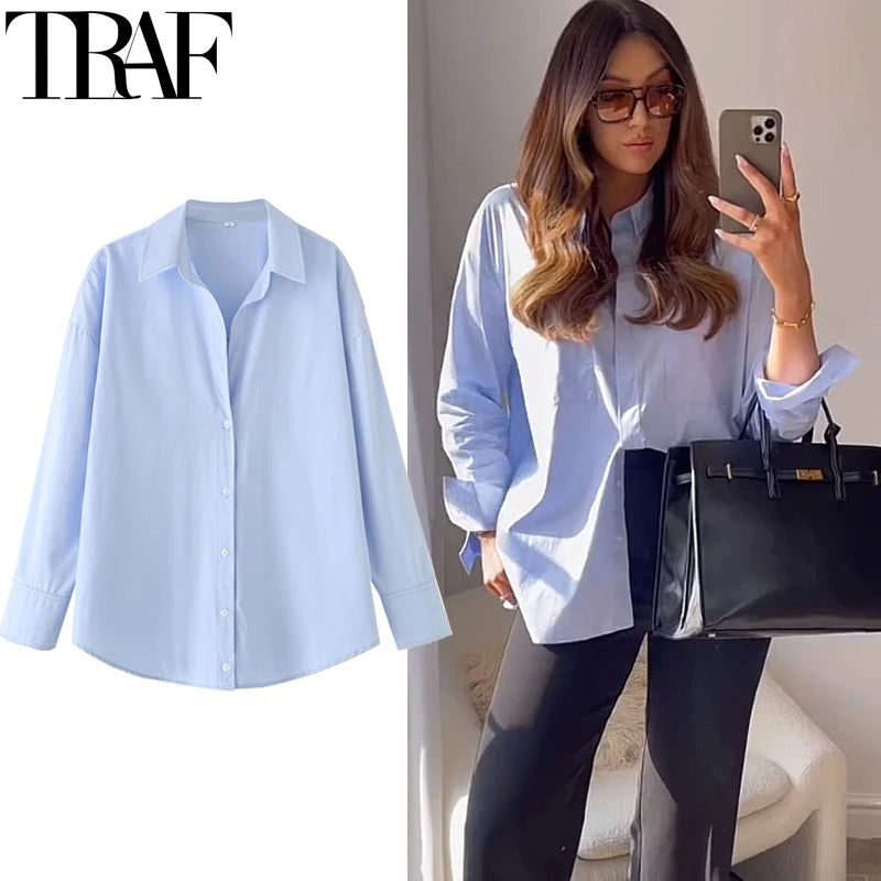 TRAF 2025 oversized blue shirt for women. Long sleeves, button-up, Korean casual style — perfect for spring.