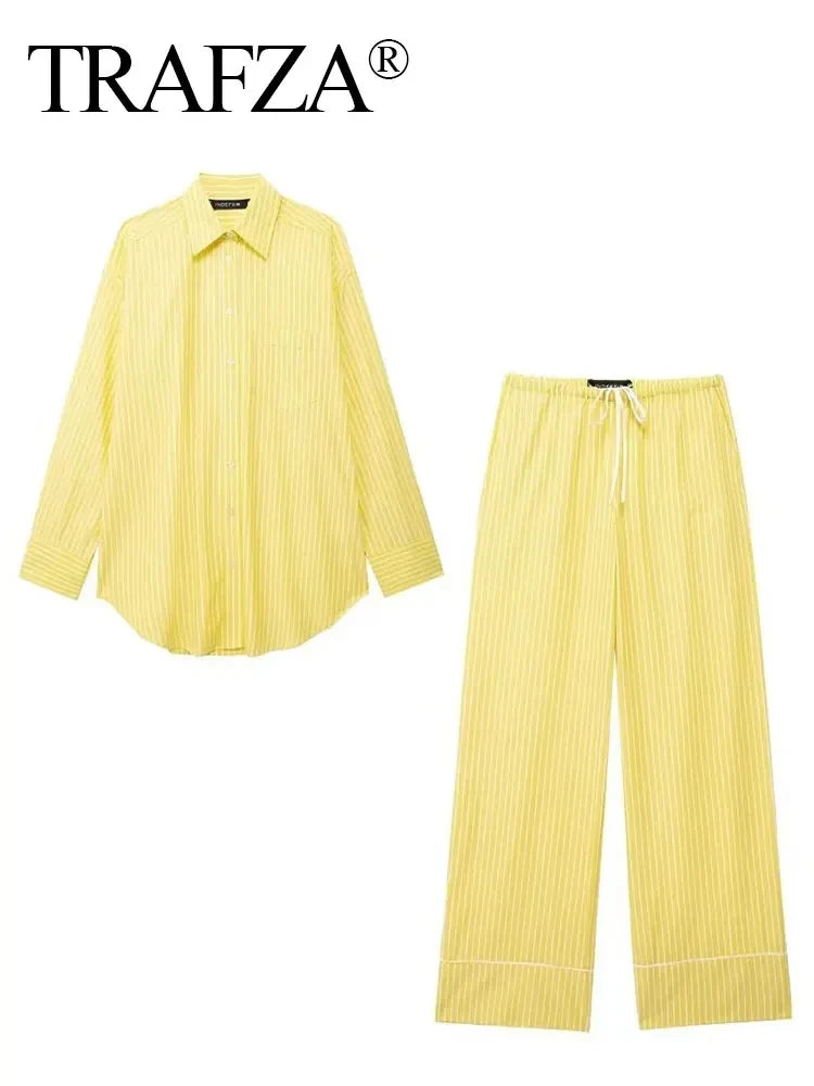 Women's Yellow Striped Shirt and Pants Set
