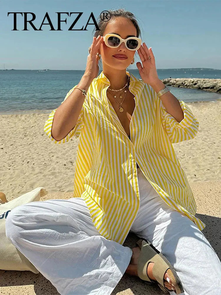 Women's Yellow Striped Shirt and Pants Set