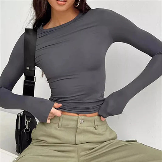 Slim-fit long sleeve tee for women, Y2K streetwear style — perfect for spring/autumn.