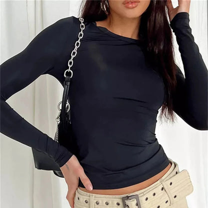 Slim-fit long sleeve tee for women, Y2K streetwear style — perfect for spring/autumn.