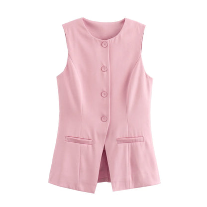 Tailored sleeveless vest for women — button-up, summer streetwear style.