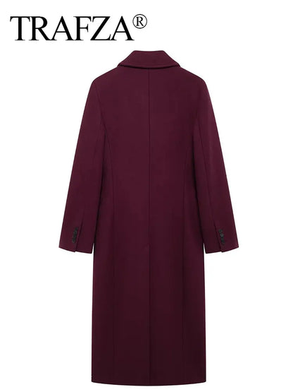 Burgundy wool-blend coat for women — double-breasted, lapel collar, perfect for autumn/winter.