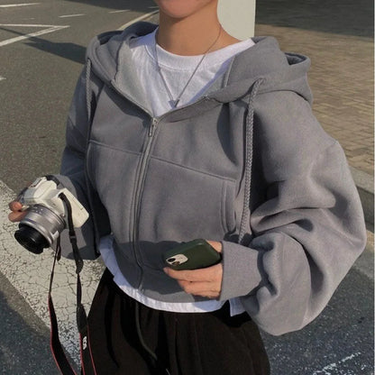 Y2K cropped hoodie for women — zip-up, long sleeve, Harajuku streetwear style. Perfect for autumn and winter.