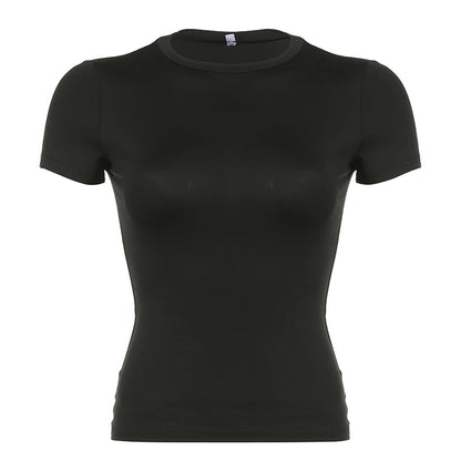Basic short-sleeve crop top, slim fit, Y2K streetwear style.