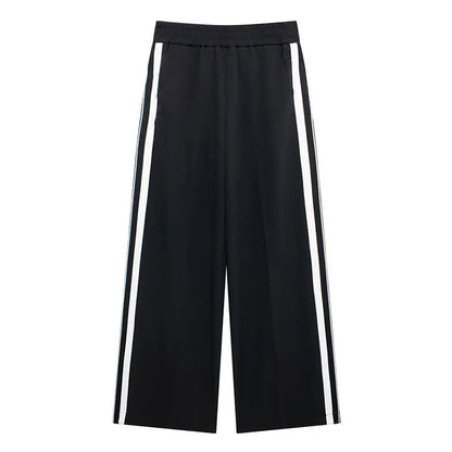 TRAFZA 2024 New Women Casual Black Trousers Suits Sports Short Jacket + Female Vinatge Black White Patchwork Baggy Pants Street