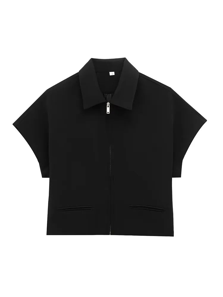 TFMLN 2025 black two-piece set — zip-up top and wide-leg pants.