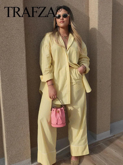 Women's Yellow Striped Shirt and Pants Set