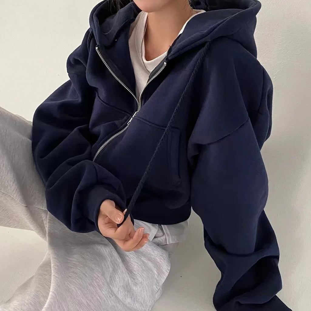 Y2K cropped hoodie for women — zip-up, long sleeve, Harajuku streetwear style. Perfect for autumn and winter.