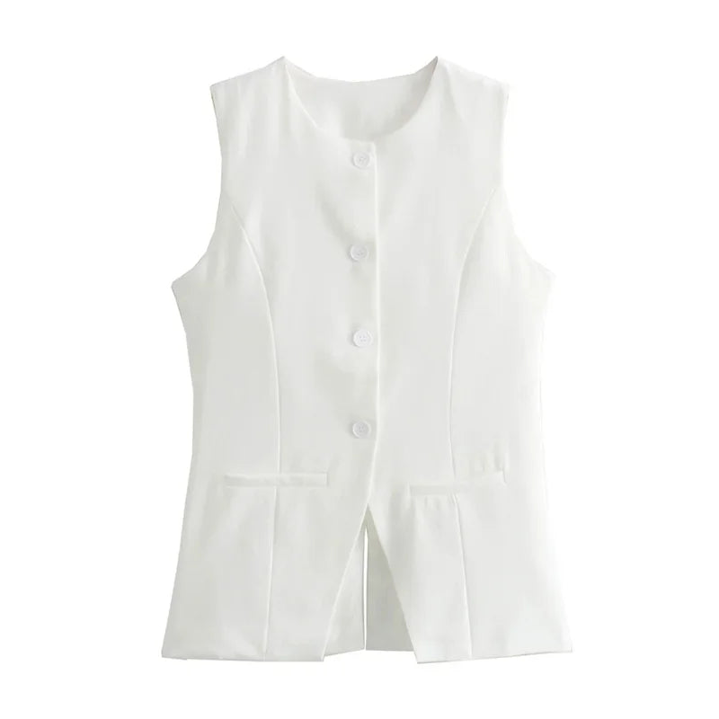 Tailored sleeveless vest for women — button-up, summer streetwear style.