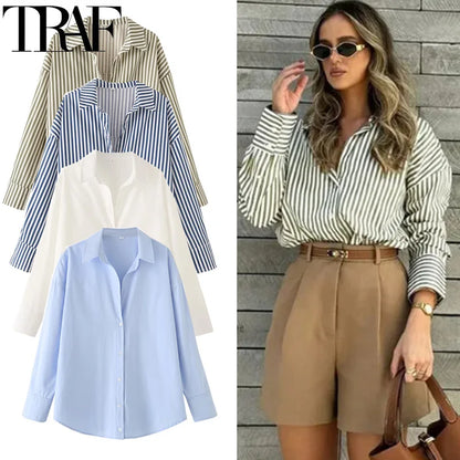Striped blue & white shirt, long sleeves, casual style.