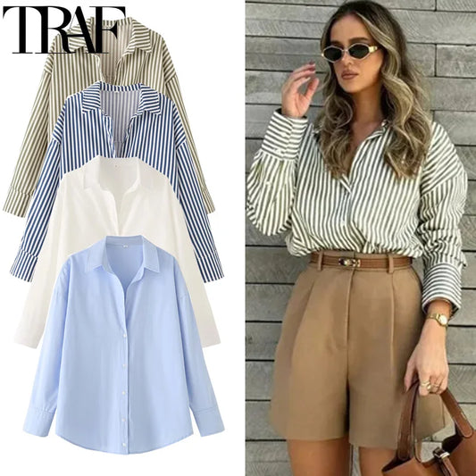 Striped blue & white shirt, long sleeves, casual style.