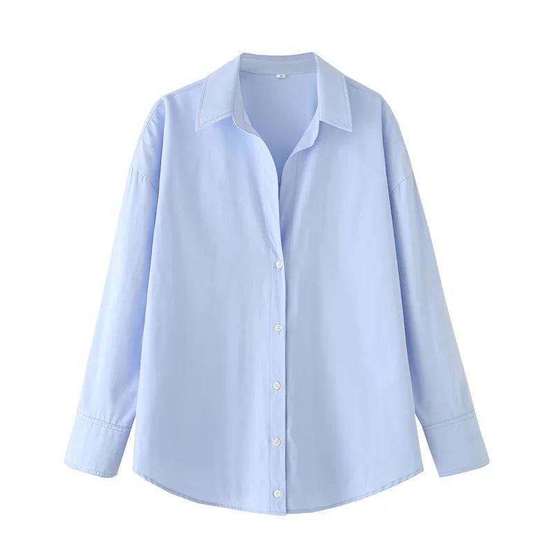 Striped blue & white shirt, long sleeves, casual style.