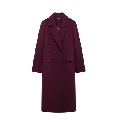 Burgundy wool-blend coat for women — double-breasted, lapel collar, perfect for autumn/winter.