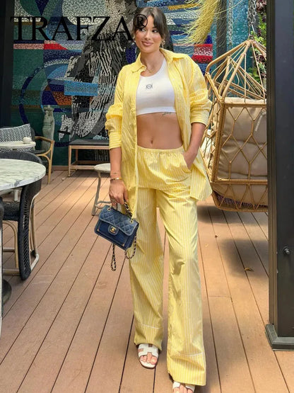 Women's Yellow Striped Shirt and Pants Set
