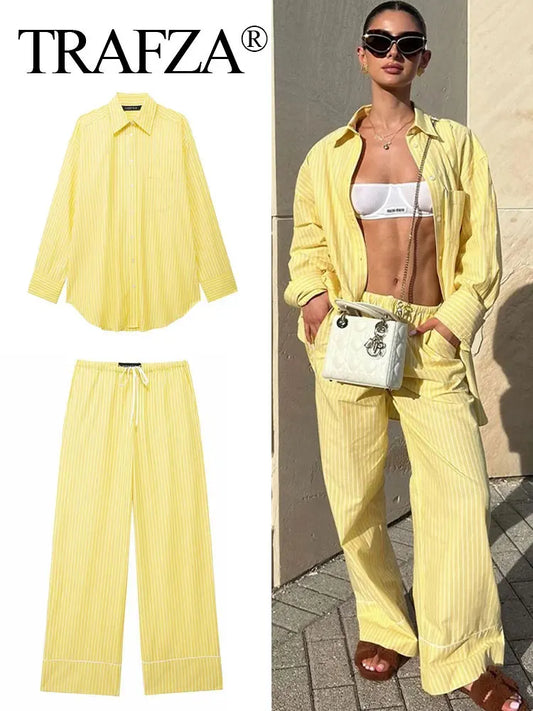 Women's Yellow Striped Shirt and Pants Set