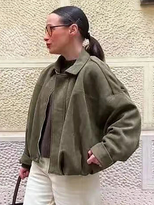 Vintage Women Green Oversize Bomber Jackets 2025 Fashion Ladies Elegant Loose Soft Outfits Jacket for Party Female Chic Clothes