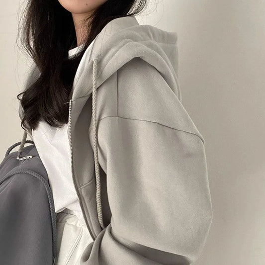 Y2K cropped hoodie for women — zip-up, long sleeve, Harajuku streetwear style. Perfect for autumn and winter.