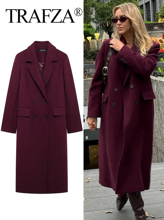 Burgundy wool-blend coat for women — double-breasted, lapel collar, perfect for autumn/winter.