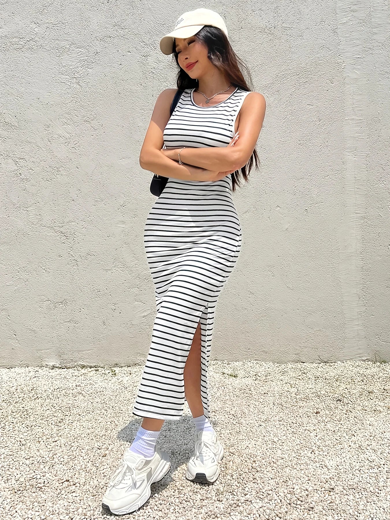 Women's Striped Strapless Side Slit High Back Dress