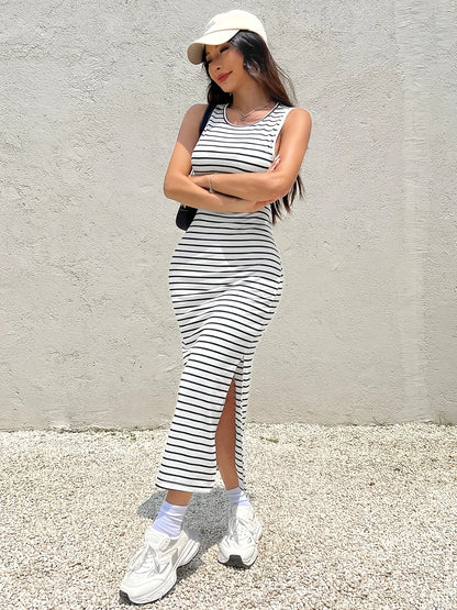 Women's Striped Strapless Side Slit High Back Dress