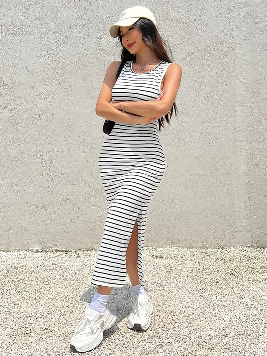 Women's Striped Strapless Side Slit High Back Dress