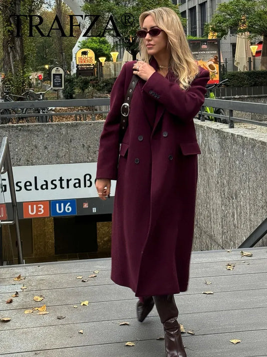 Burgundy wool-blend coat for women — double-breasted, lapel collar, perfect for autumn/winter.