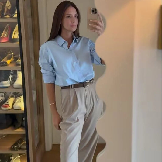 TRAF 2025 oversized blue shirt for women. Long sleeves, button-up, Korean casual style — perfect for spring.