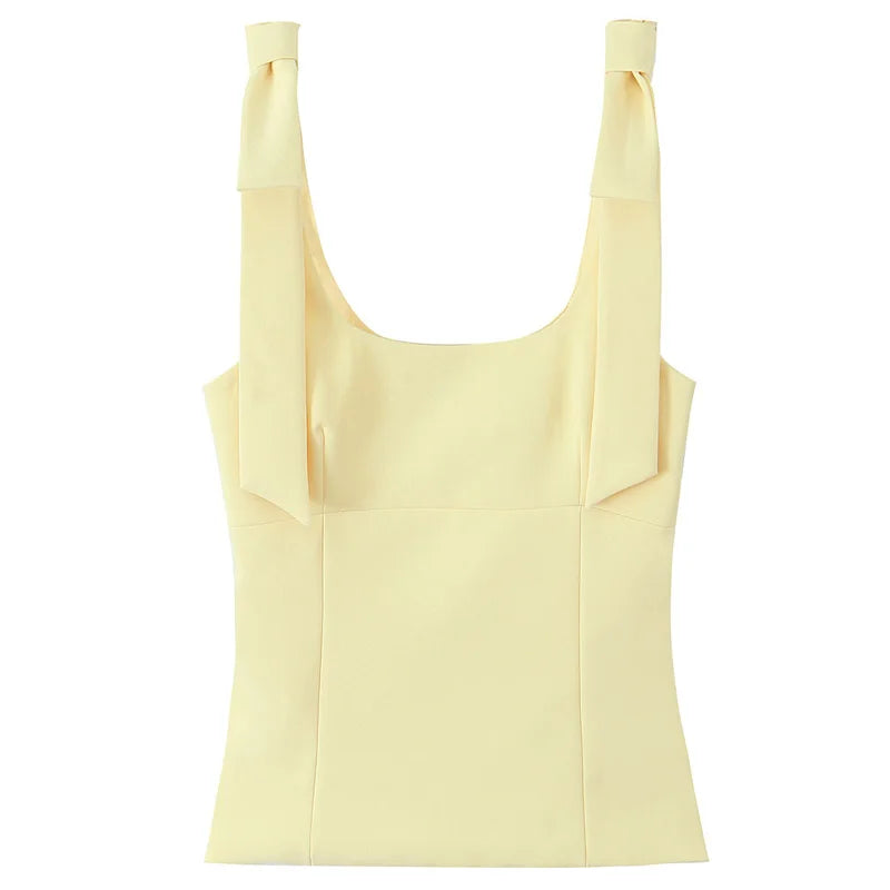 TRAF butterfly crop top for women — yellow or white, sleeveless, backless, with cute bow and off-shoulder design. Perfect for summer.