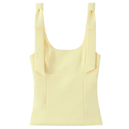 TRAF butterfly crop top for women — yellow or white, sleeveless, backless, with cute bow and off-shoulder design. Perfect for summer.