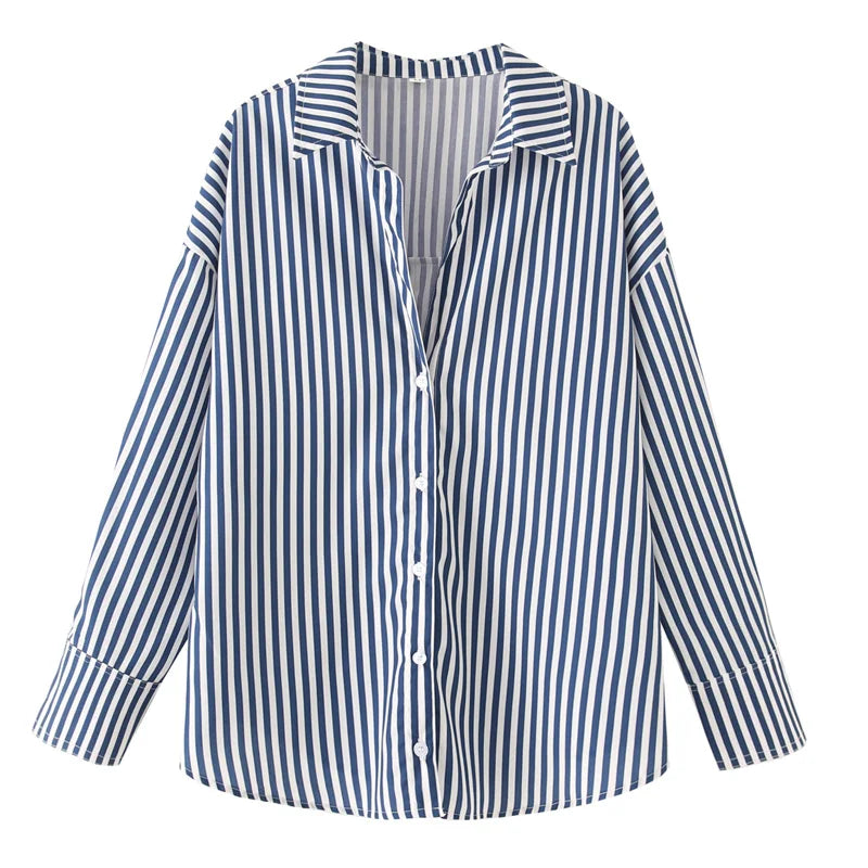 TRAF 2025 oversized blue shirt for women. Long sleeves, button-up, Korean casual style — perfect for spring.