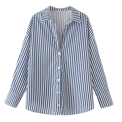 Striped blue & white shirt, long sleeves, casual style.