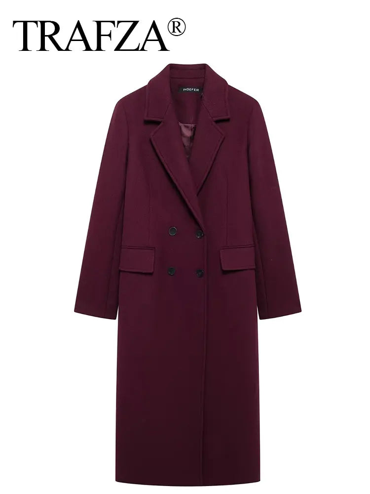 Burgundy wool-blend coat for women — double-breasted, lapel collar, perfect for autumn/winter.