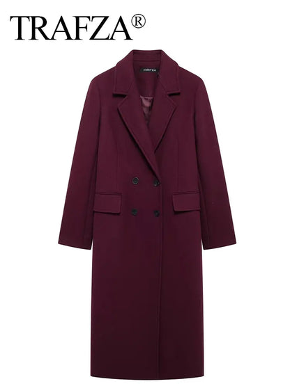 Burgundy wool-blend coat for women — double-breasted, lapel collar, perfect for autumn/winter.