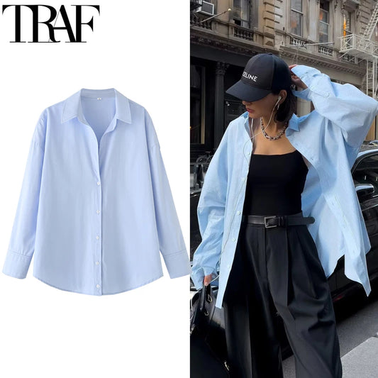 TRAF 2025 oversized blue shirt for women. Long sleeves, button-up, Korean casual style — perfect for spring.