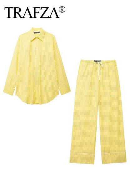 Women's Yellow Striped Shirt and Pants Set