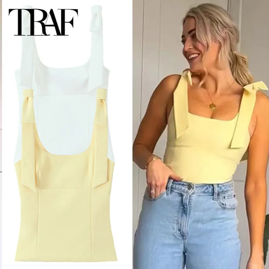 TRAF butterfly crop top for women — yellow or white, sleeveless, backless, with cute bow and off-shoulder design. Perfect for summer.