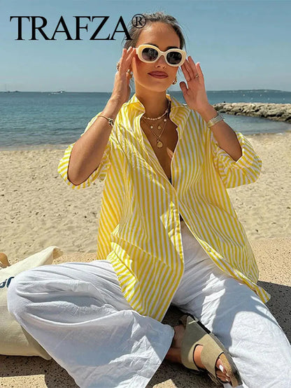 Women's Yellow Striped Shirt and Pants Set