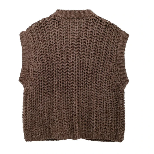 Sleeveless brown knit vest, preppy cropped style — ideal for autumn/winter.