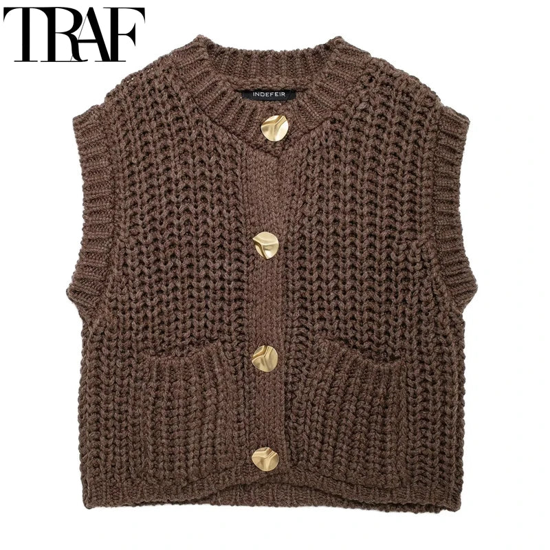 Sleeveless brown knit vest, preppy cropped style — ideal for autumn/winter.