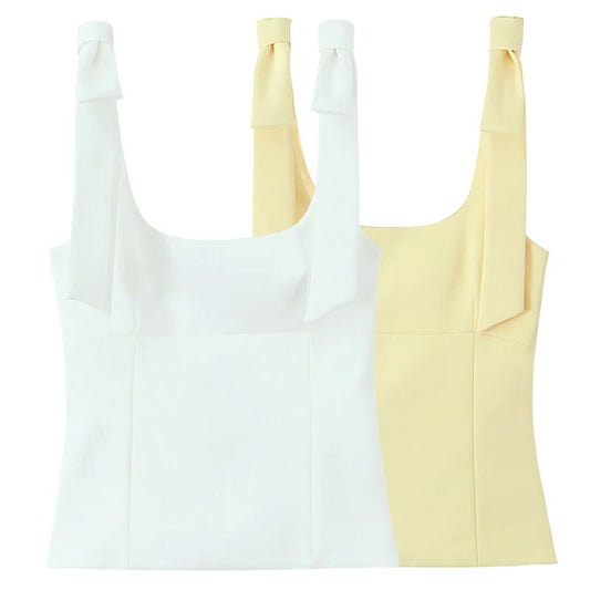 TRAF butterfly crop top for women — yellow or white, sleeveless, backless, with cute bow and off-shoulder design. Perfect for summer.